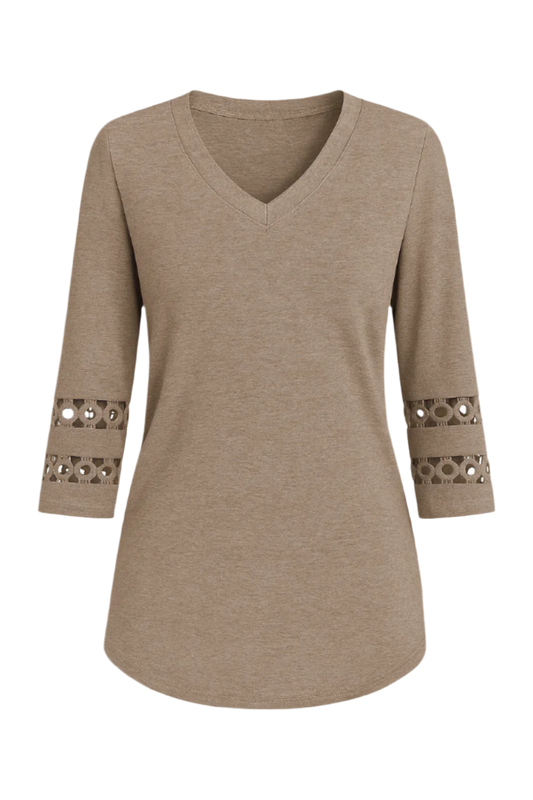Elegancia™: Taupekleurige V-Hals Blouse met Kantmouwen