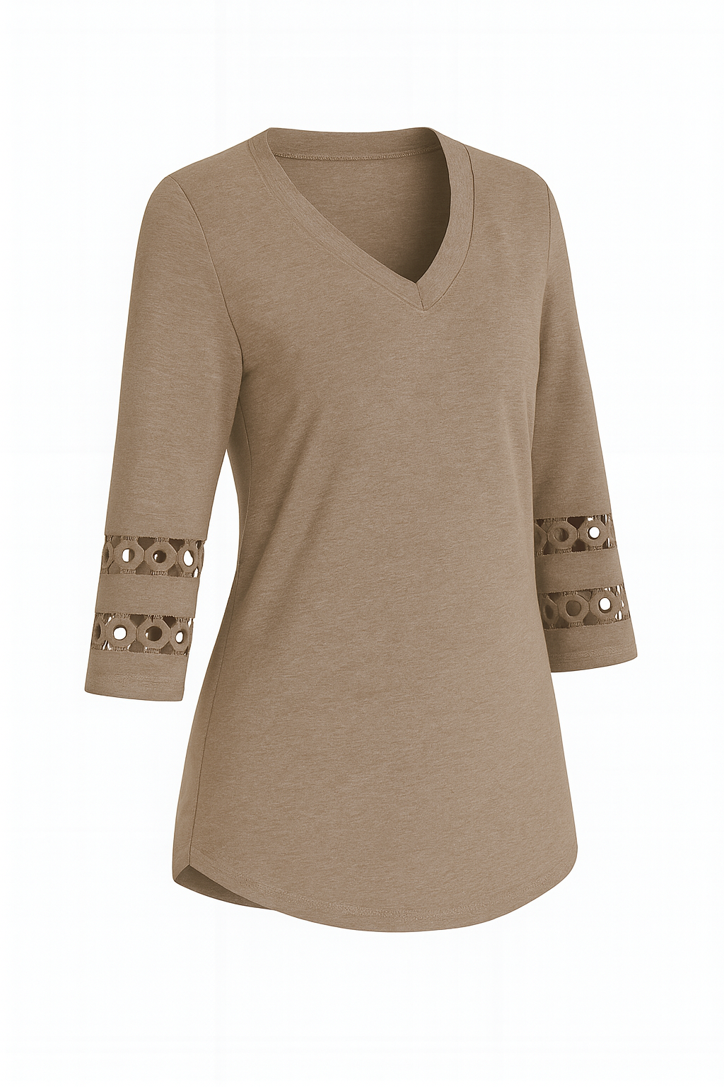 Elegancia™: Taupekleurige V-Hals Blouse met Kantmouwen