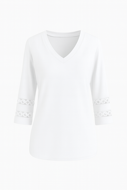 Elegancia™: Taupekleurige V-Hals Blouse met Kantmouwen