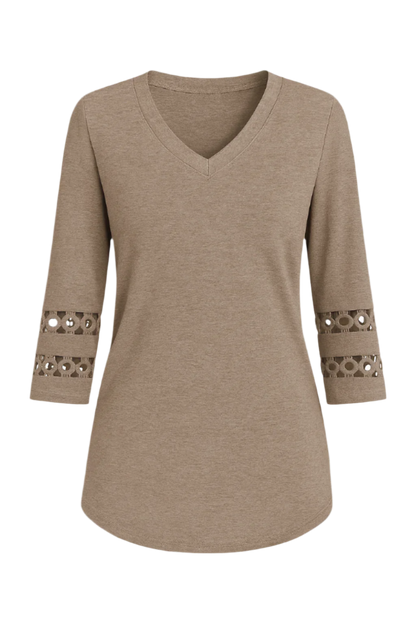 Elegancia™: Taupekleurige V-Hals Blouse met Kantmouwen