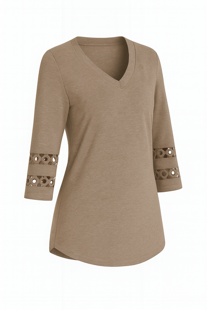 Elegancia™: Taupekleurige V-Hals Blouse met Kantmouwen
